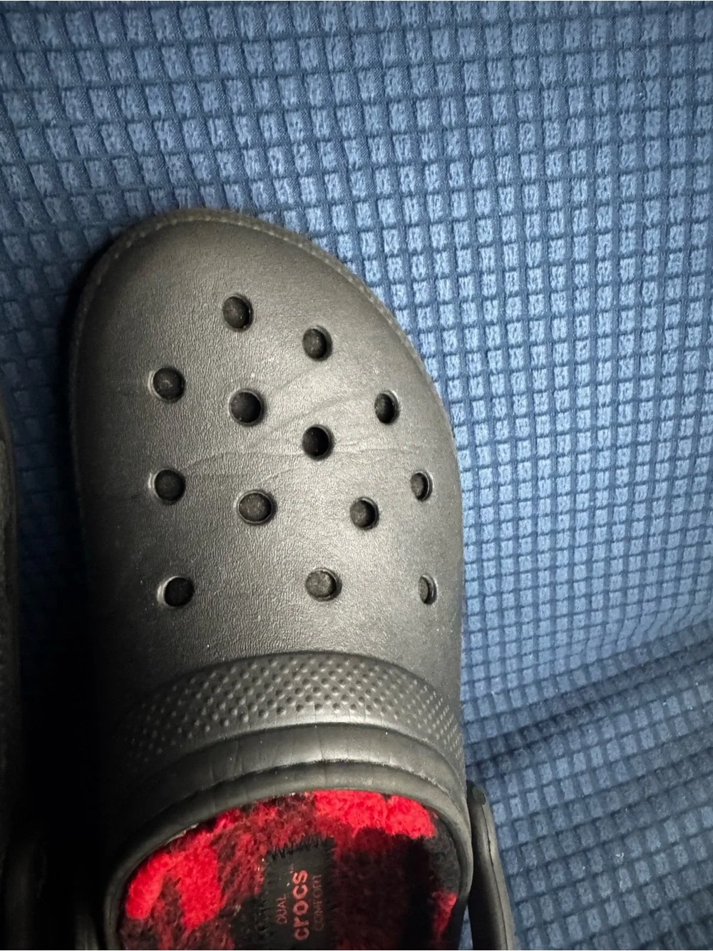 CROCS Black Classic Clog with Red/Black Buffalo Plaid Plush Lining